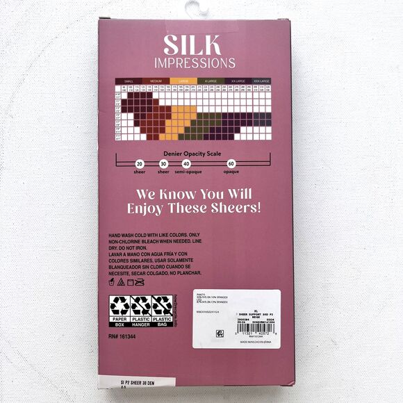 NEW SILK Impressions Beige Sheer Medium Support Pantyhose XL 30 Denier 2pr - Picture 2 of 4